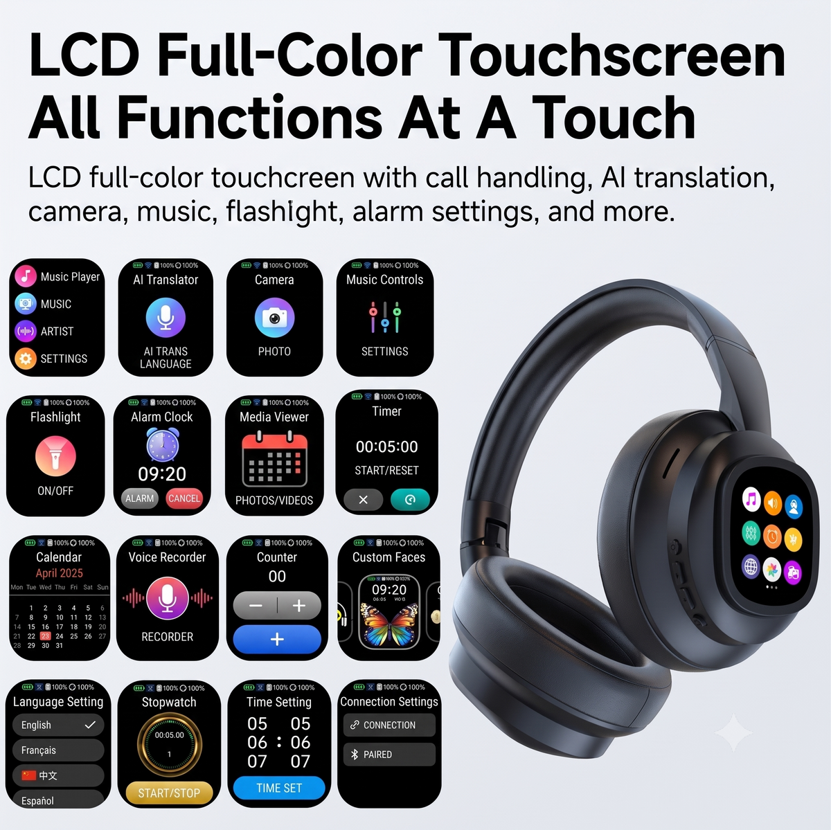 LCD Touchscreen AI Translation Bluetooth Headphones