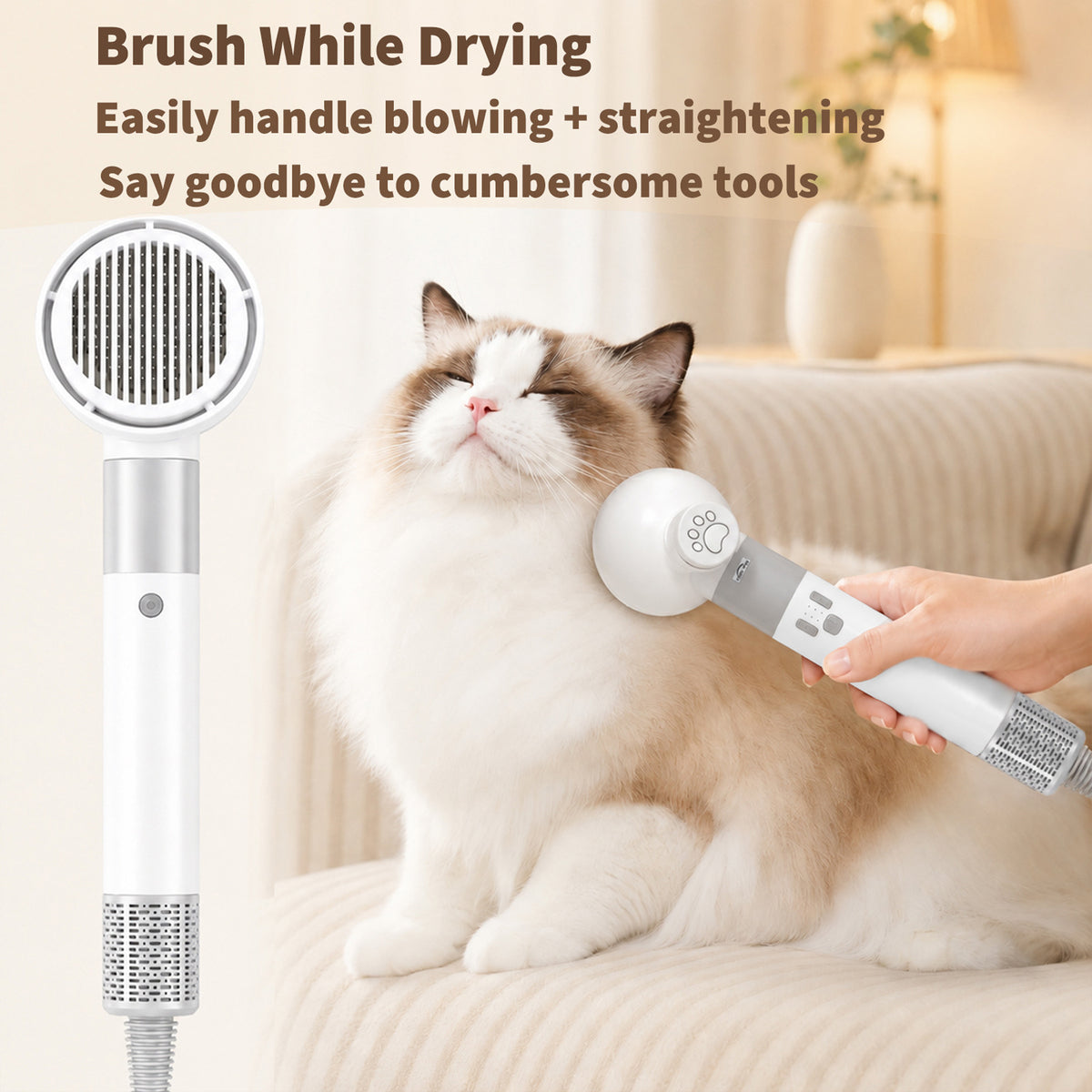 All-in-one pet dryer and grooming brush