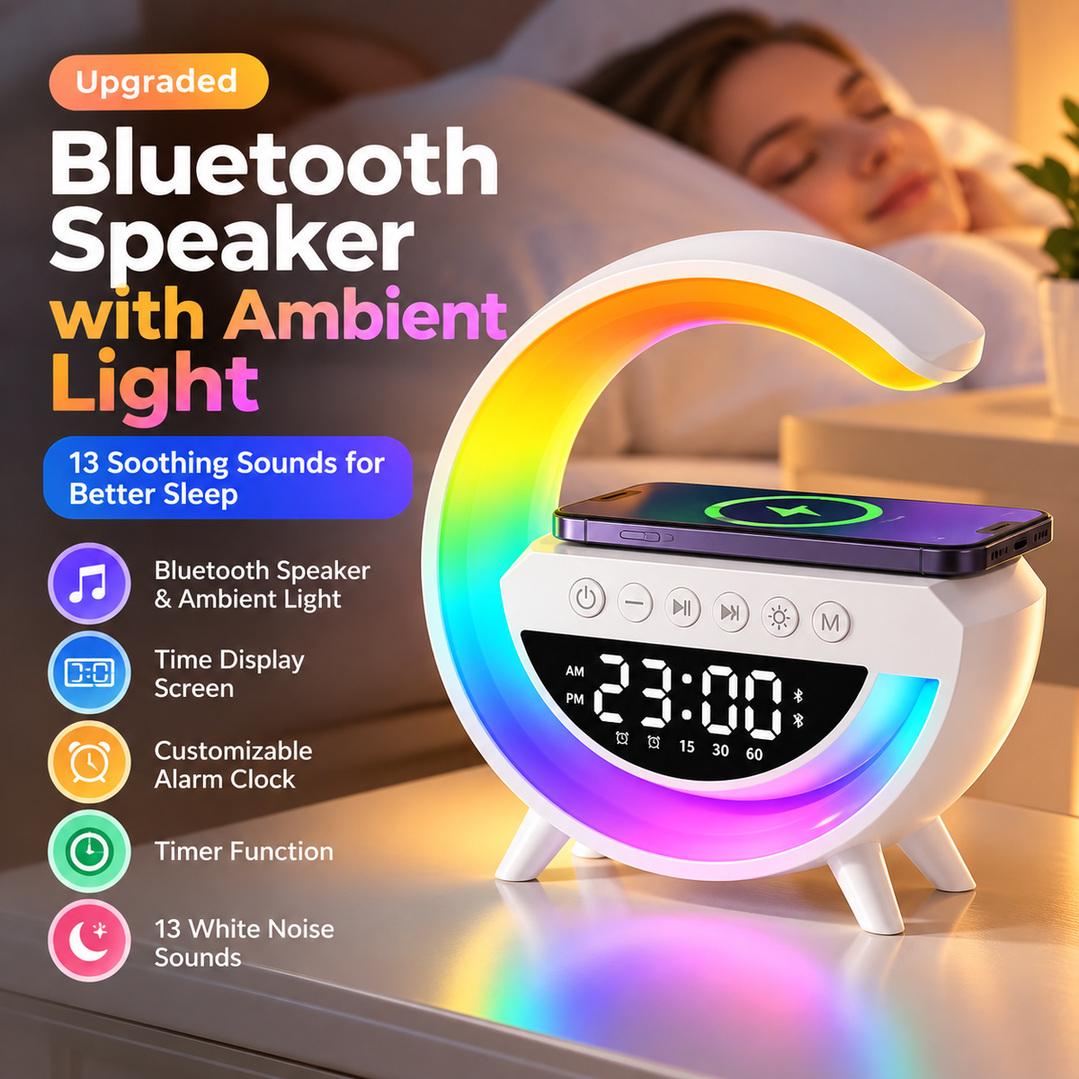 RGB Bluetooth Speaker Clock with Wireless Charger