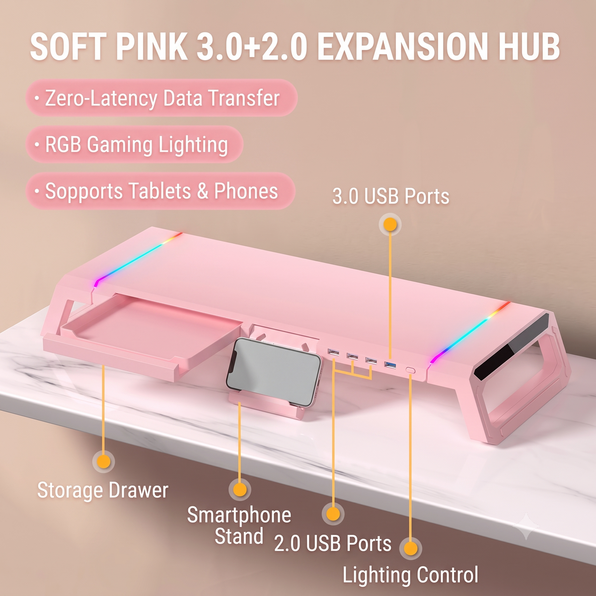 RGB Monitor Stand with USB Charging & Storage