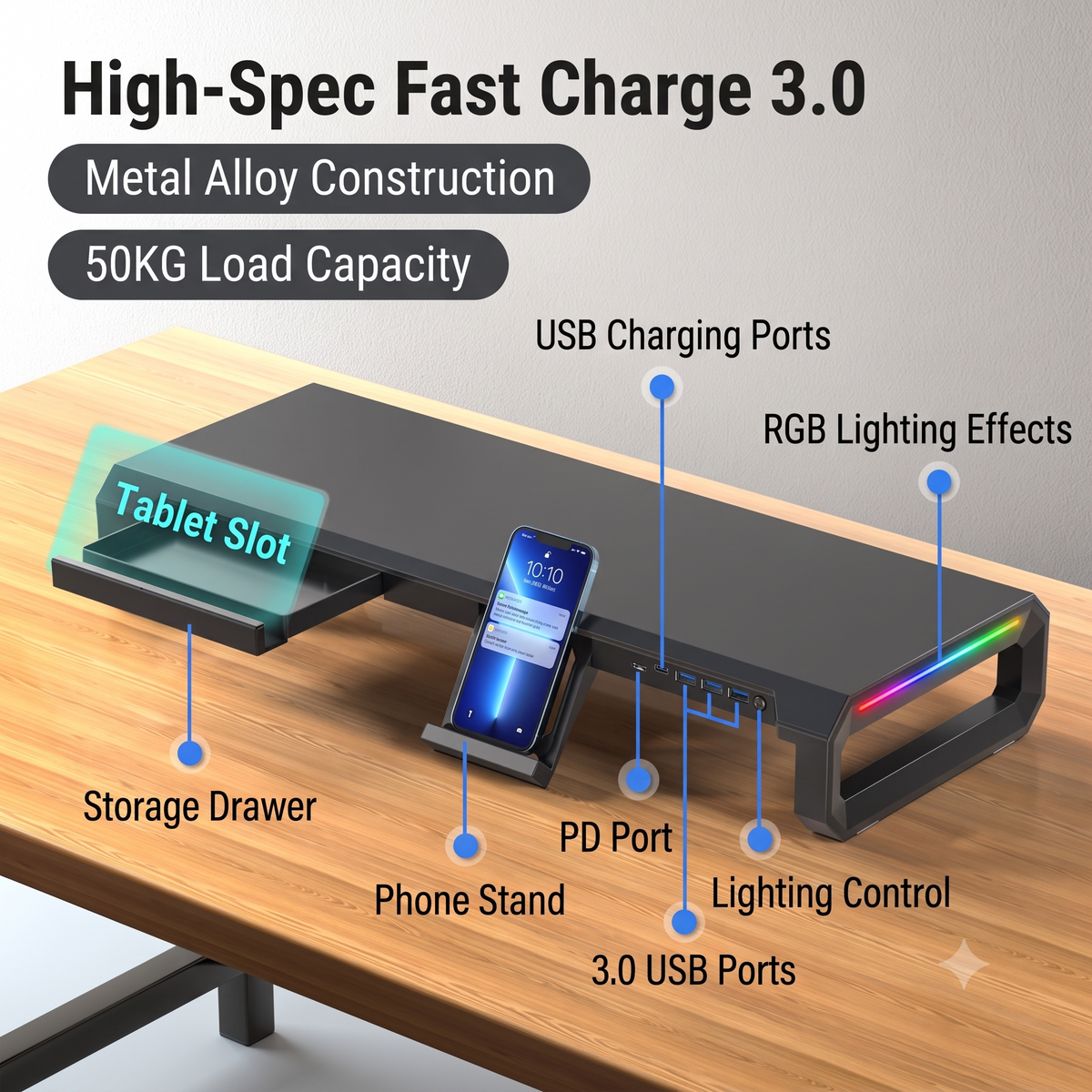 RGB Monitor Stand with USB Charging & Storage