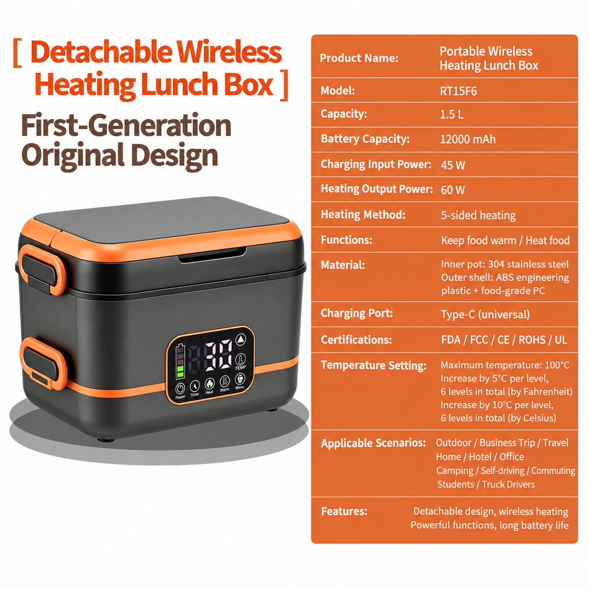 Cordless Heated Lunch Box with Rechargeable Battery