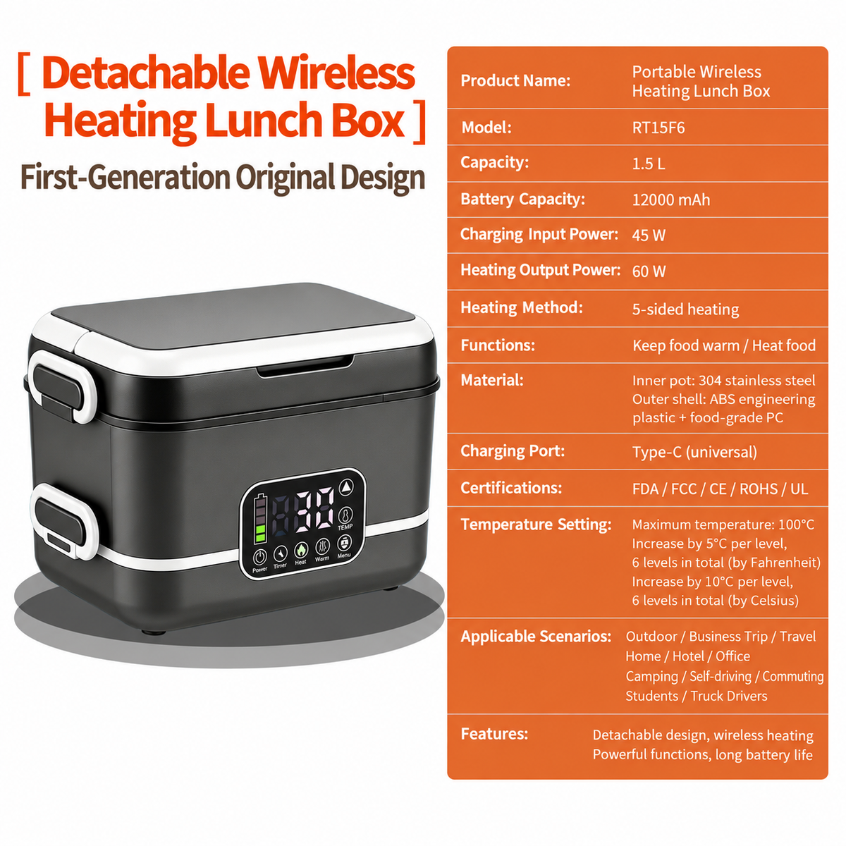 Cordless Heated Lunch Box with Rechargeable Battery