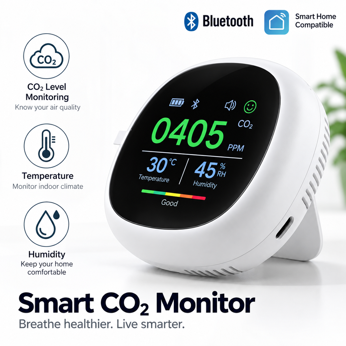 Smart Bluetooth CO2 Temperature Humidity Monitor