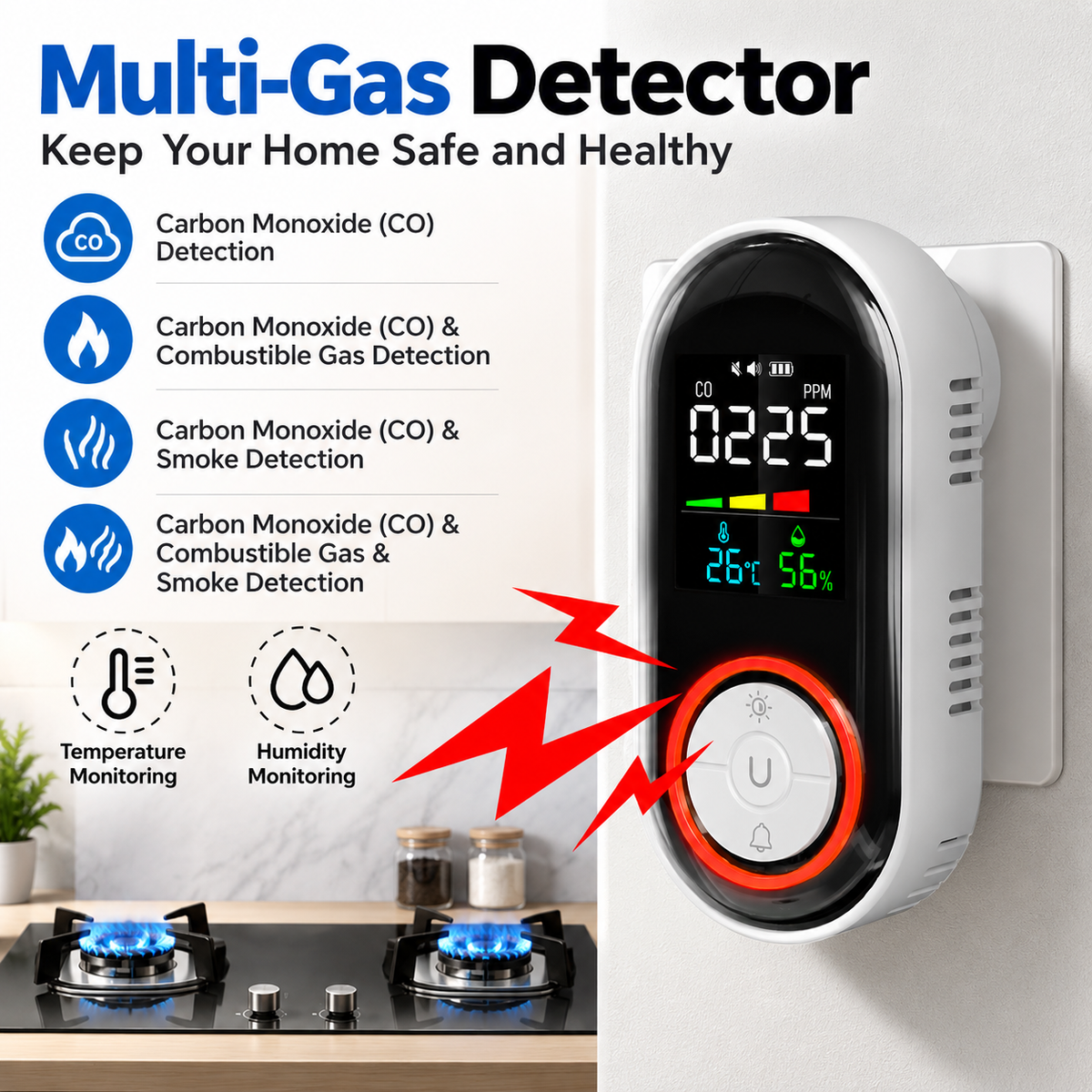 CO & Gas Detector with Temperature & Humidity