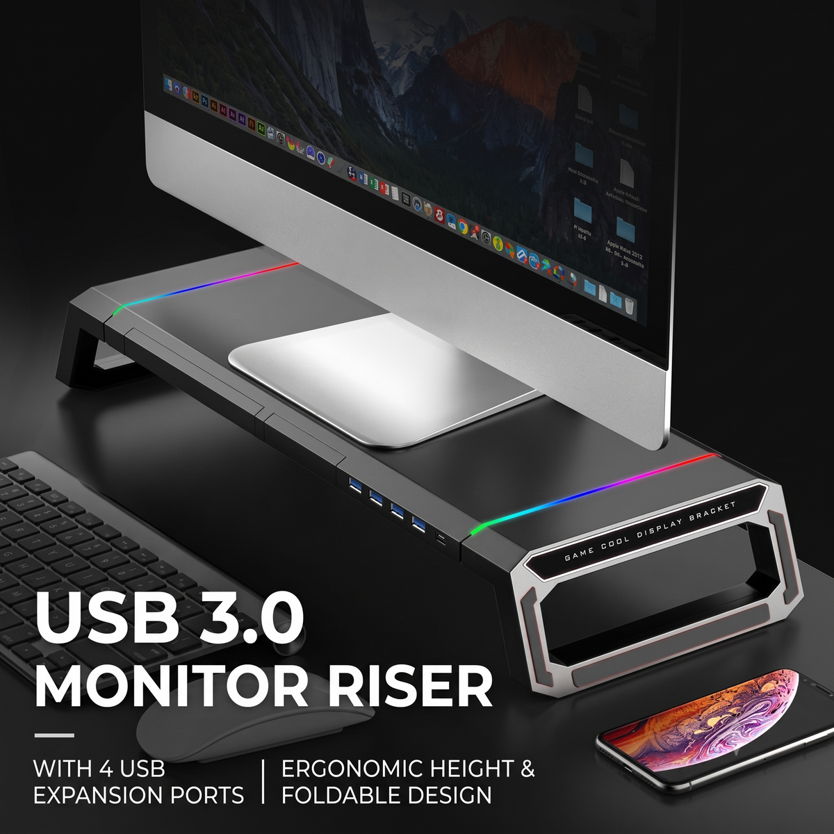 RGB Monitor Stand with USB Charging & Storage
