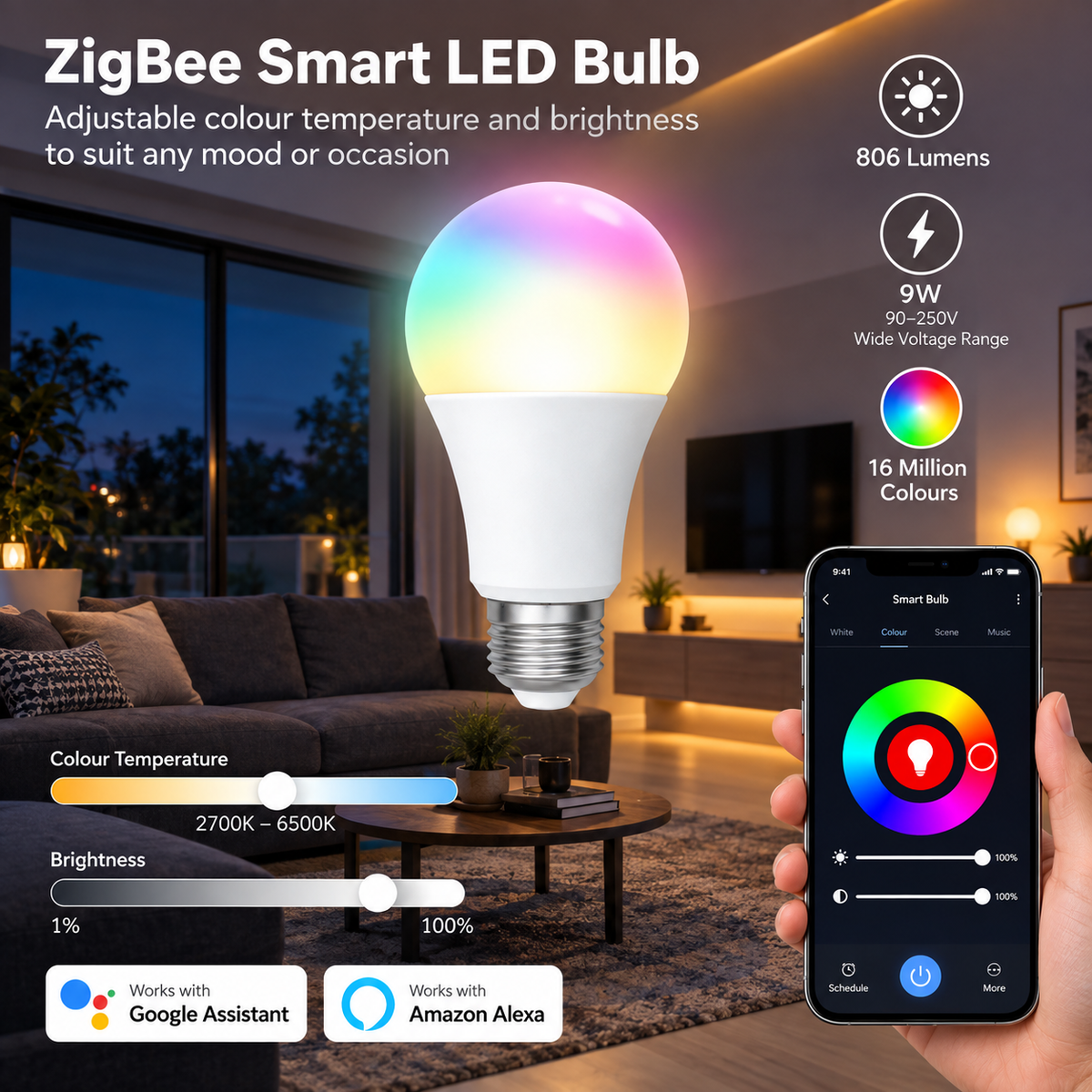 ZigBee E27 9W Smart RGB LED Bulb with Voice Control