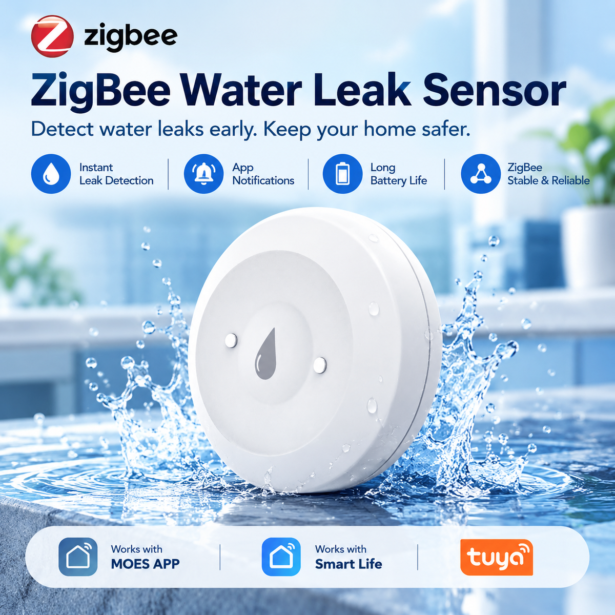 ZigBee Smart Water Leak Sensor with App Alerts