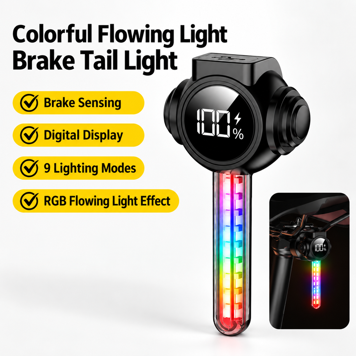 Smart Bike Brake Tail Light with RGB Flow Effects