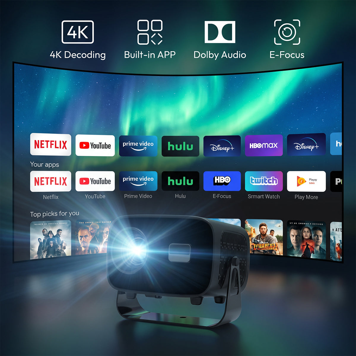 Portable 4K WiFi Projector with Screen Mirroring