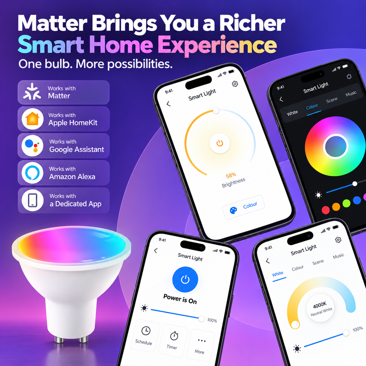 Matter WiFi Smart RGB LED Bulb with App Control