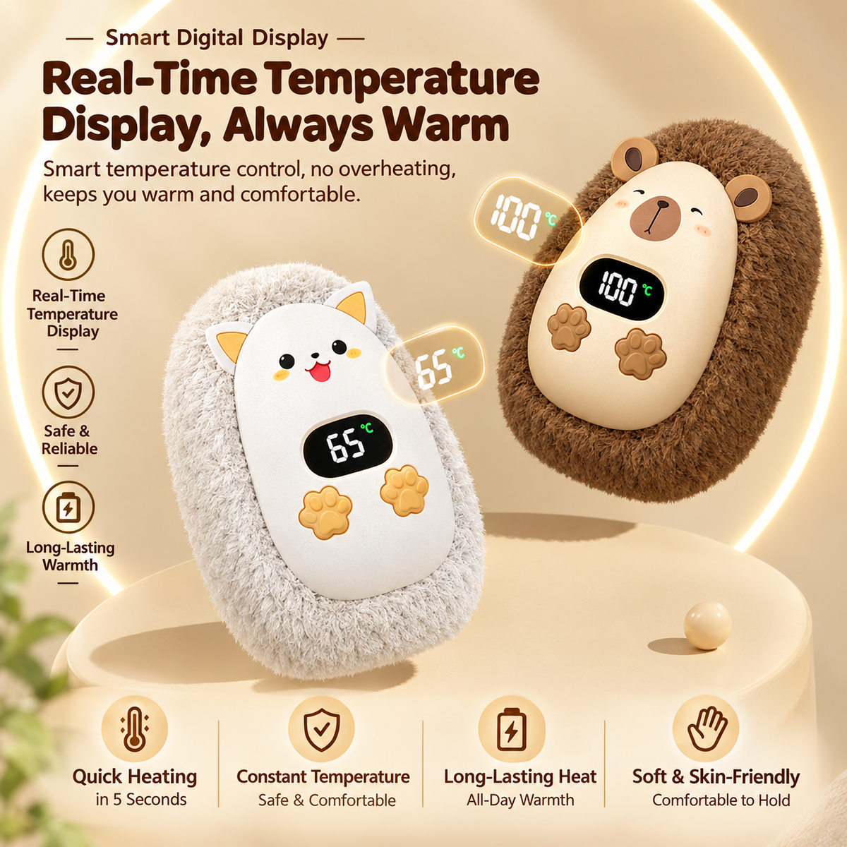 Rechargeable Plush Hand Warmer with LED Display