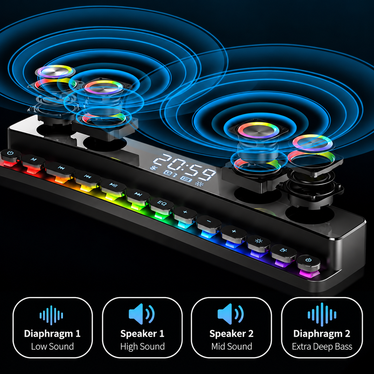 RGB Bluetooth Gaming Soundbar with Stereo Bass