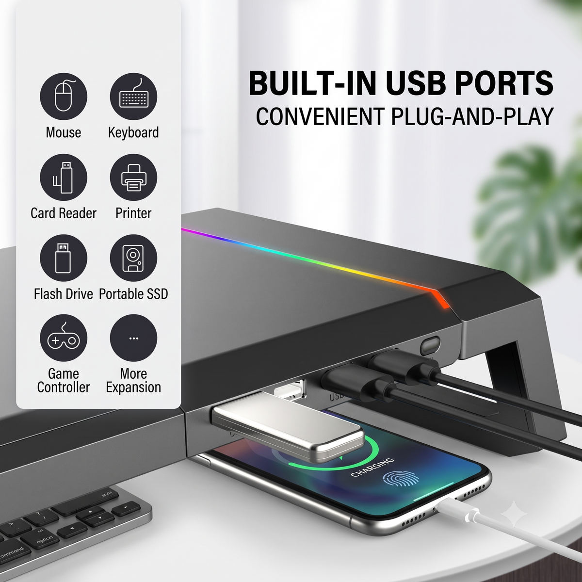 RGB Monitor Stand with USB Charging & Storage