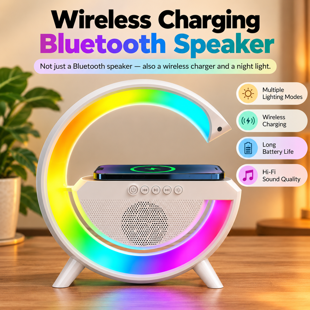 RGB Bluetooth Speaker Clock with Wireless Charger