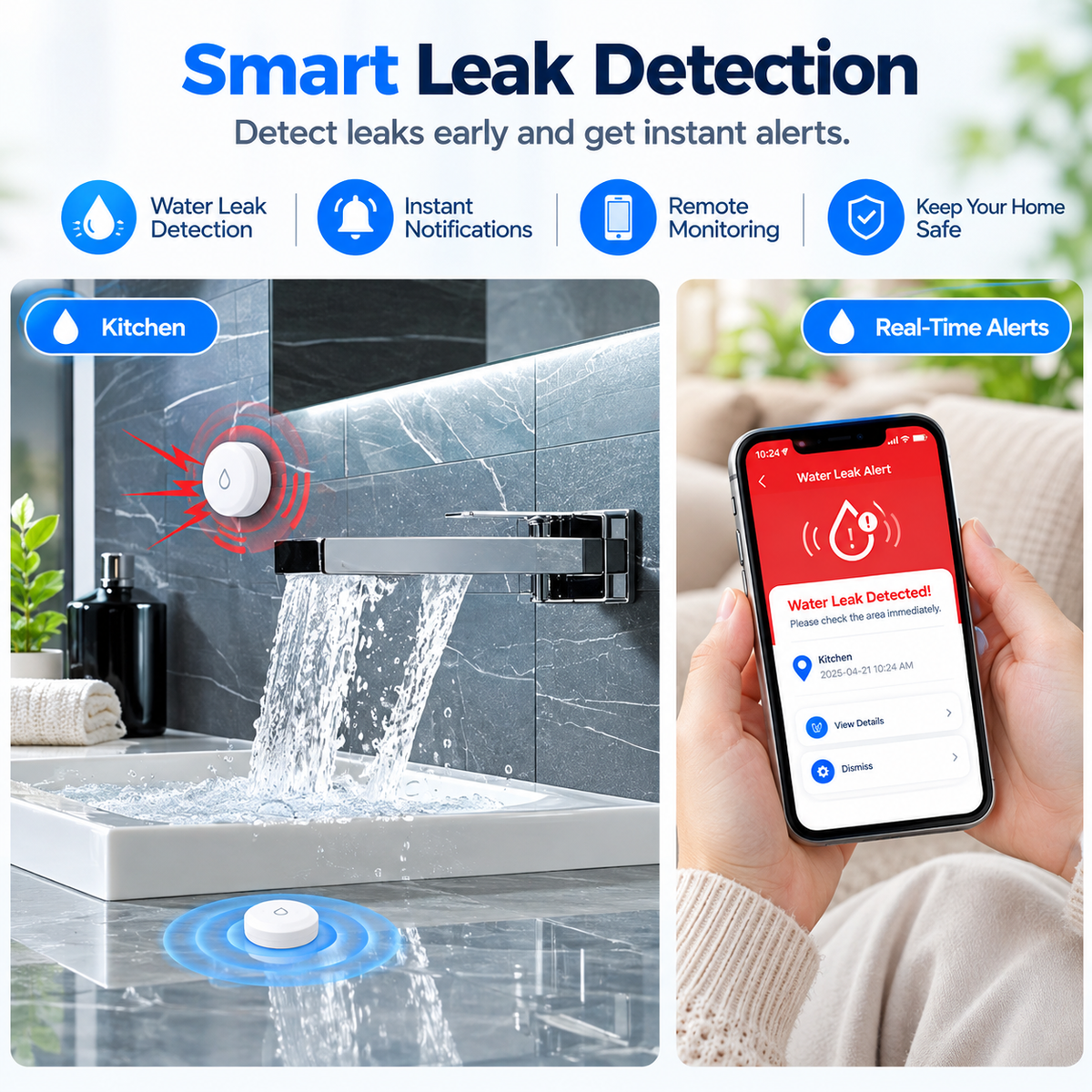 ZigBee Smart Water Leak Sensor with App Alerts
