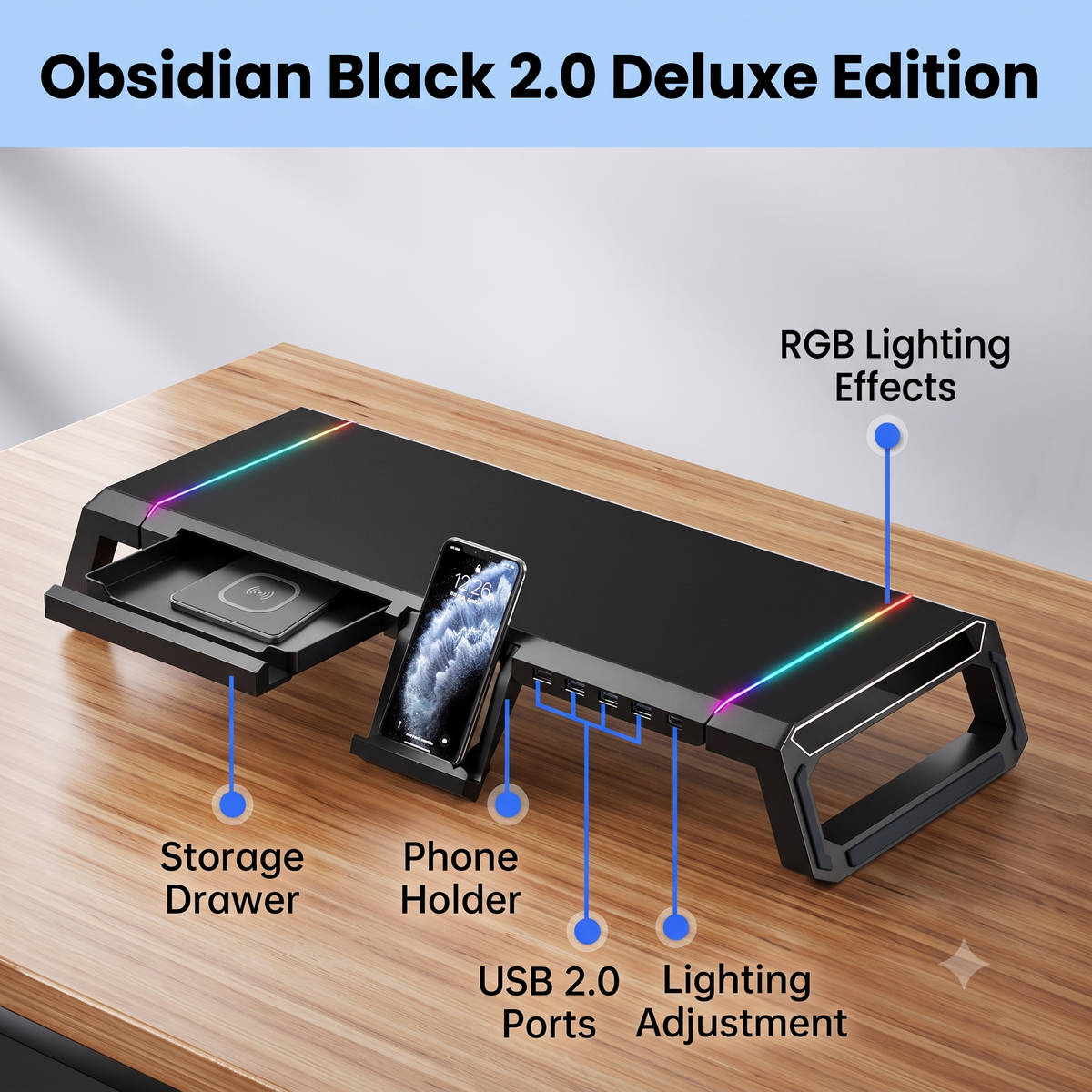 RGB Monitor Stand with USB Charging & Storage