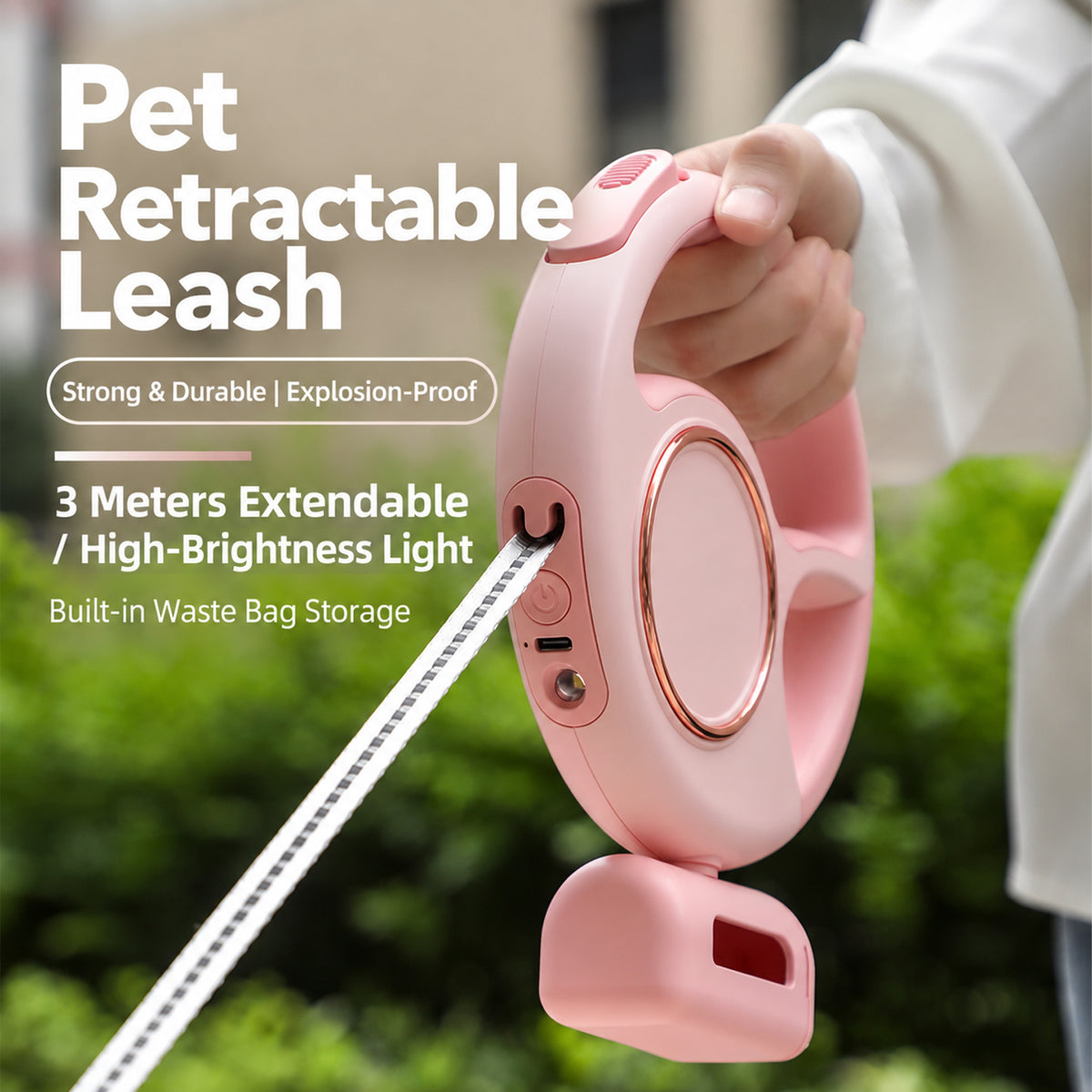 Retractable Dog Leash with LED Light & Storage
