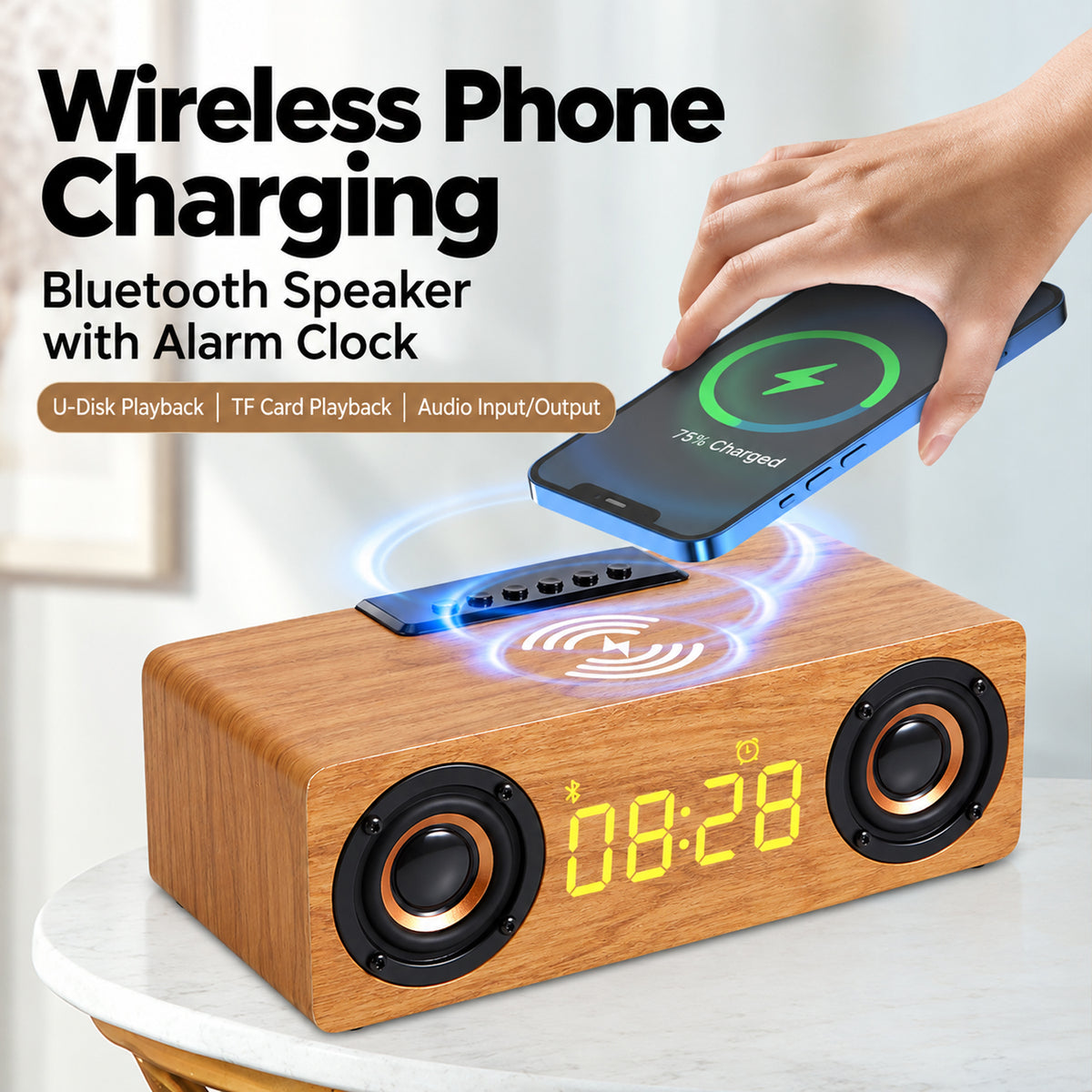 Wooden Bluetooth Speaker with Wireless Charging