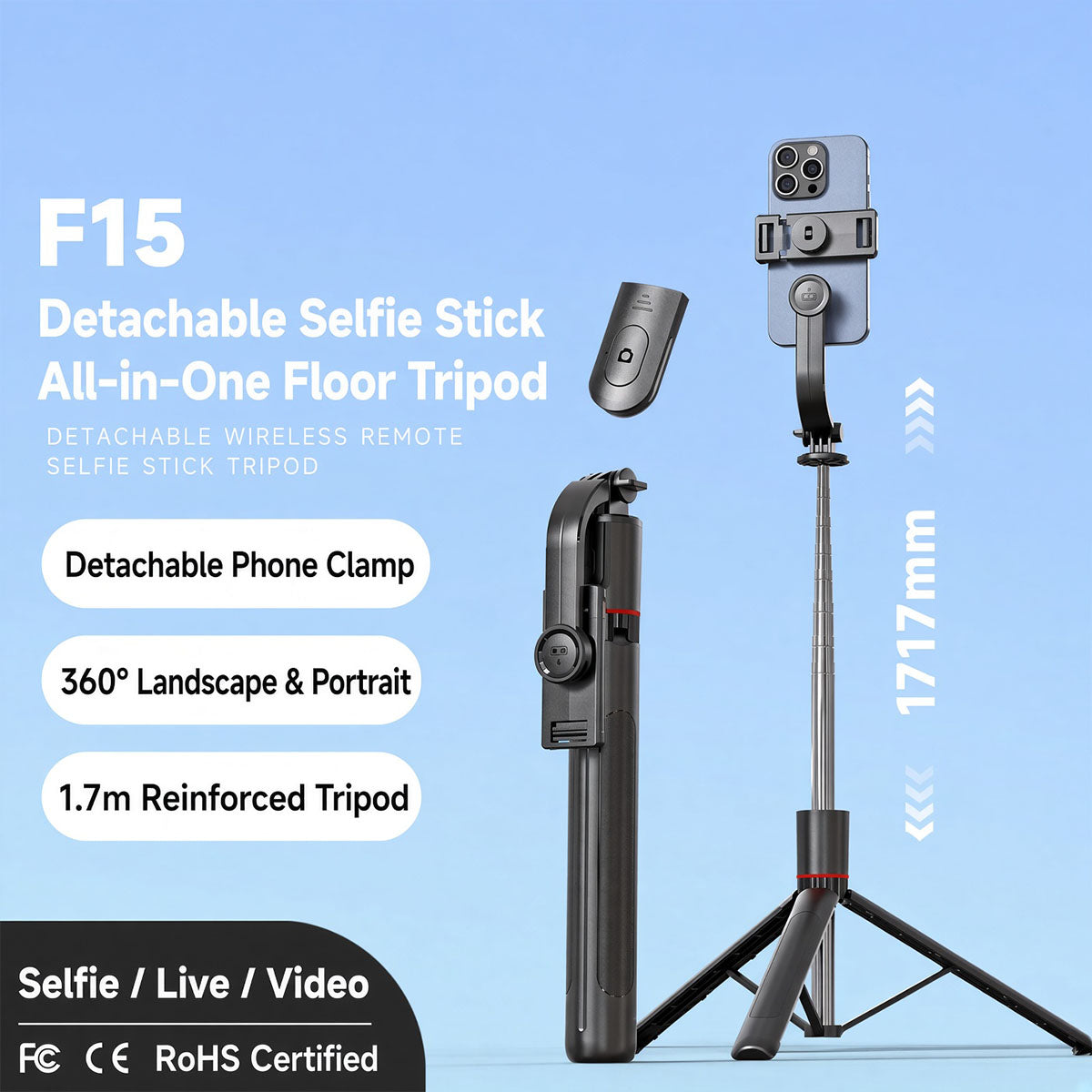 AI Face Tracking Selfie Stick Tripod with Bluetooth Remote