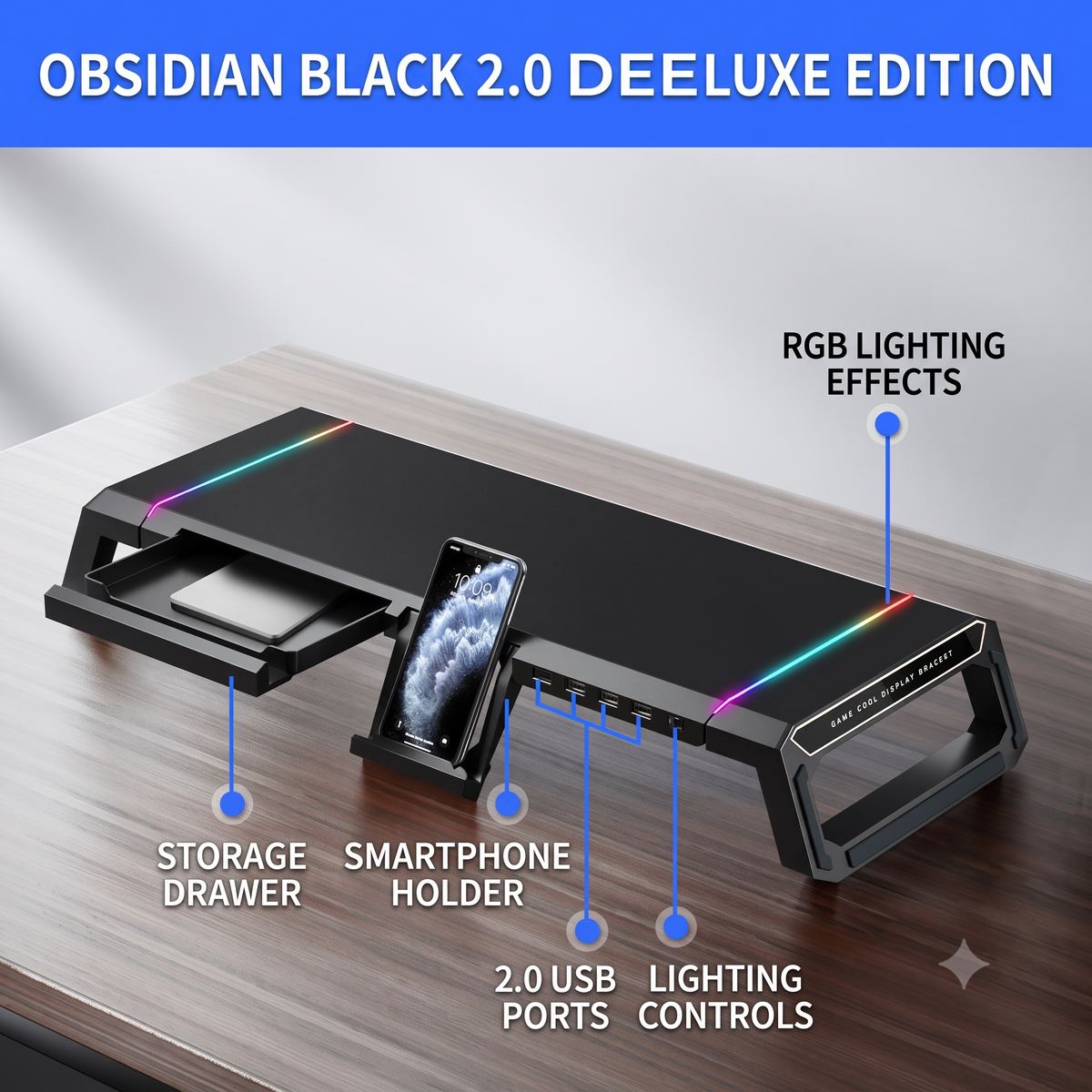 RGB Monitor Stand with USB Charging & Storage