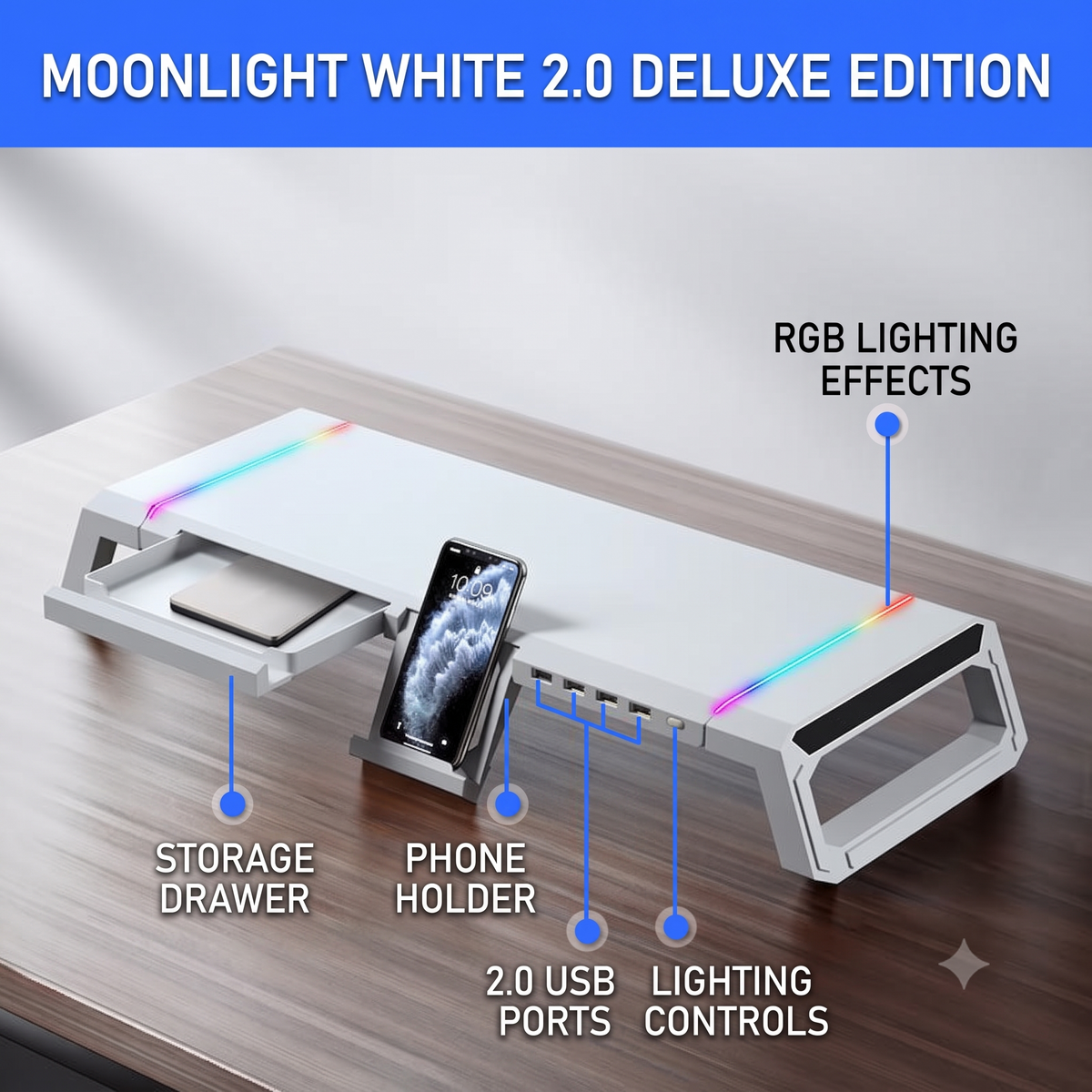RGB Monitor Stand with USB Charging & Storage