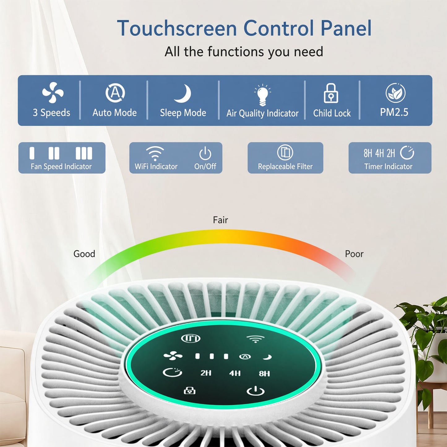 Compact Desktop Air Purifier | Quiet HEPA Air Cleaner Touch Control for Bedroom & Office