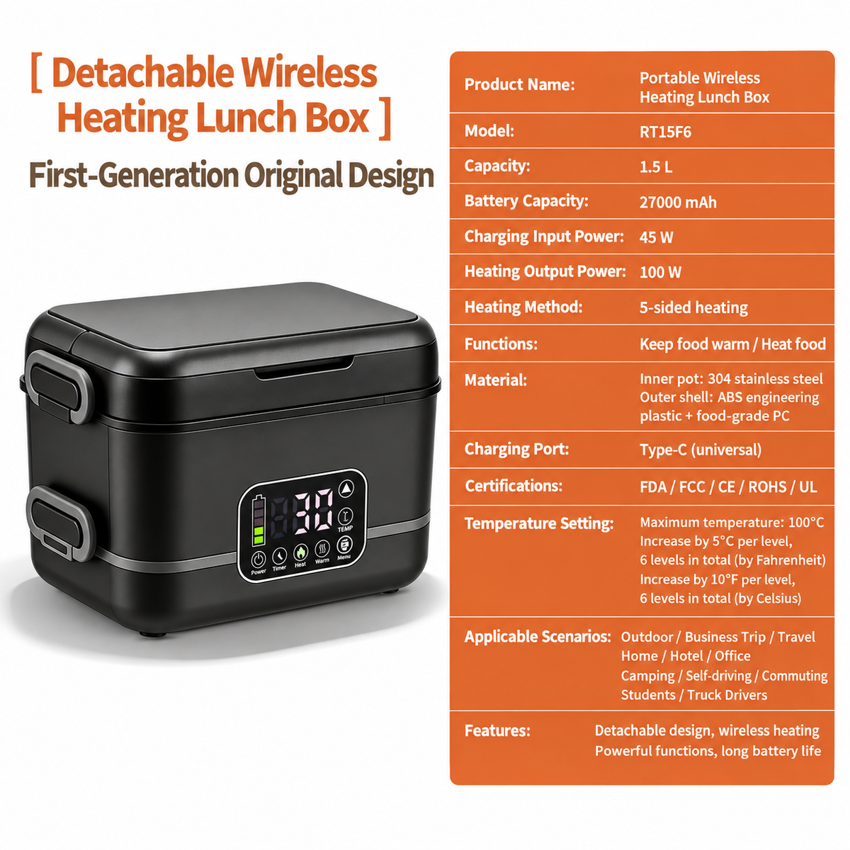 Cordless Heated Lunch Box with Rechargeable Battery