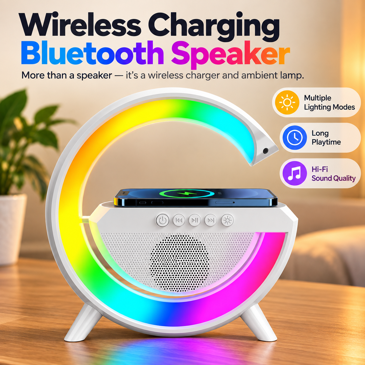 RGB Bluetooth Speaker Clock with Wireless Charger