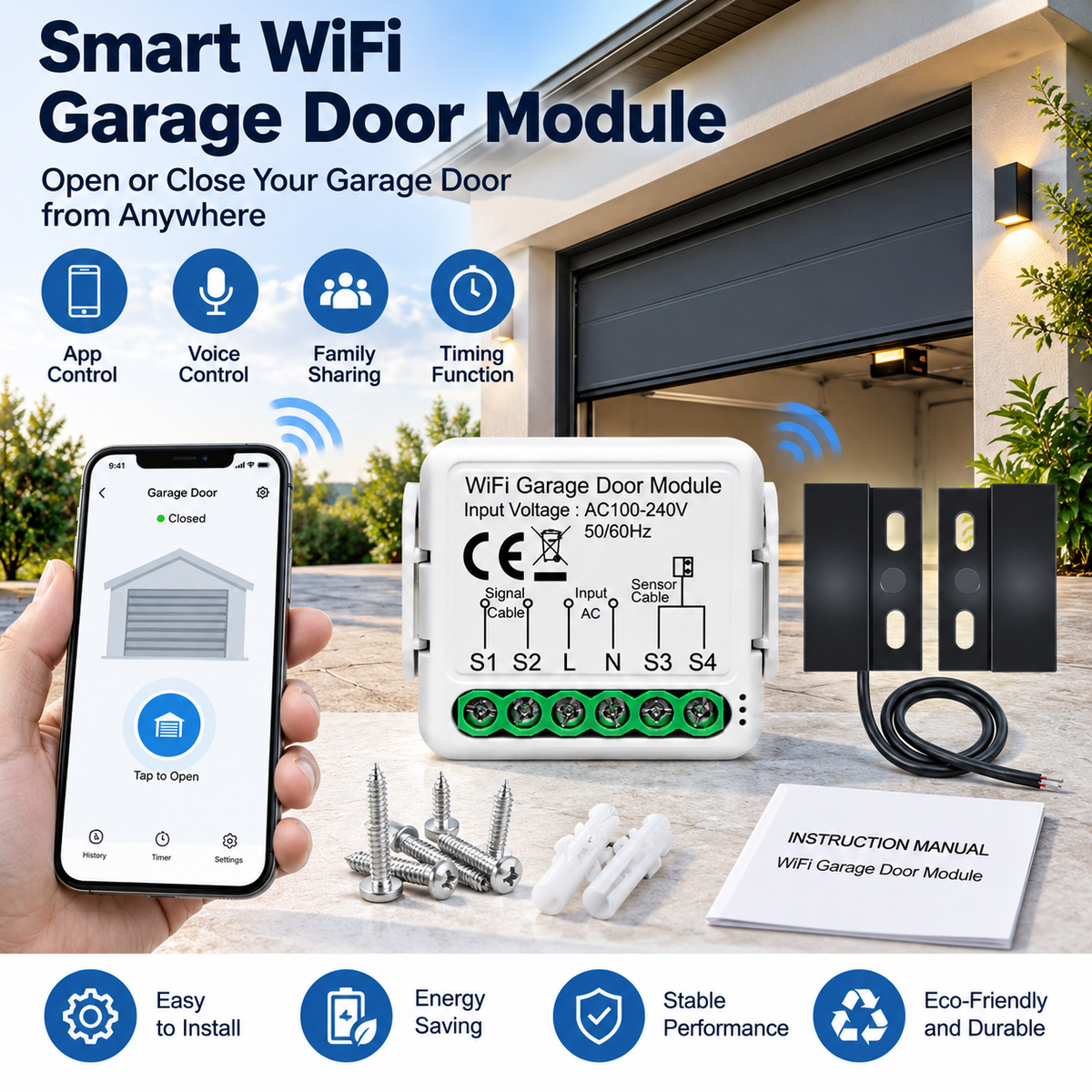 Smart WiFi Garage Door Opener with App Control