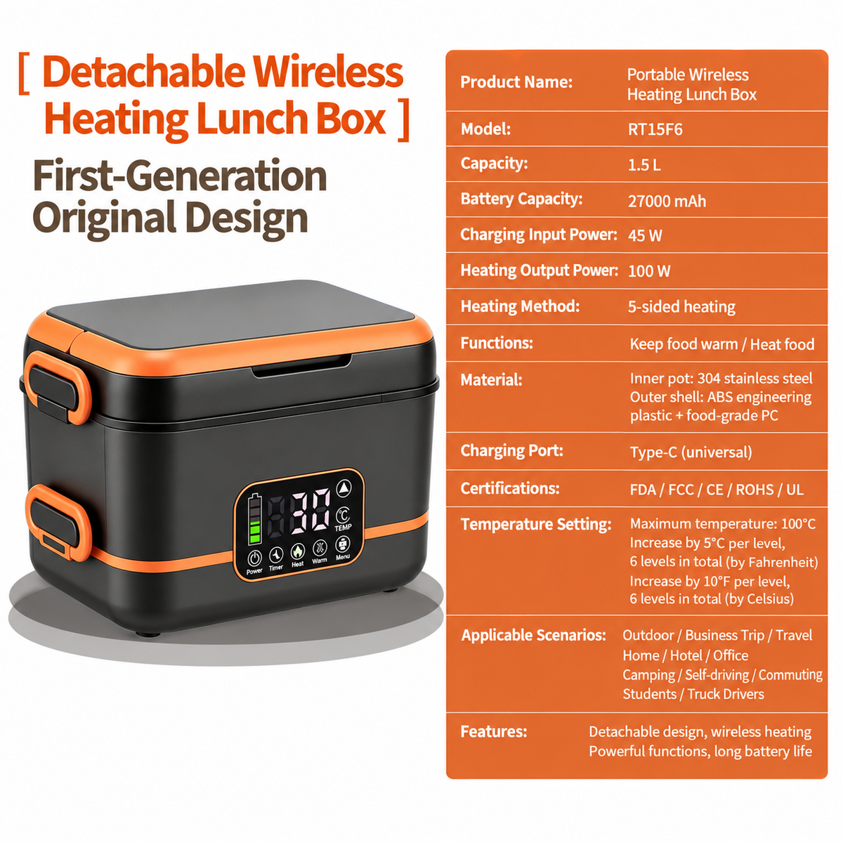 Cordless Heated Lunch Box with Rechargeable Battery