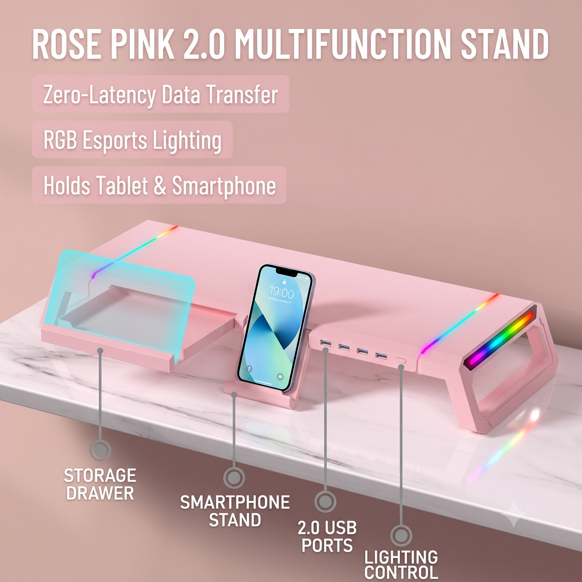 RGB Monitor Stand with USB Charging & Storage