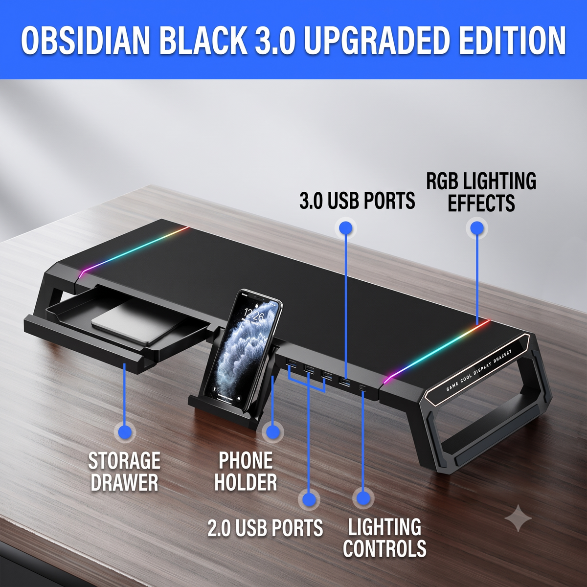RGB Monitor Stand with USB Charging & Storage