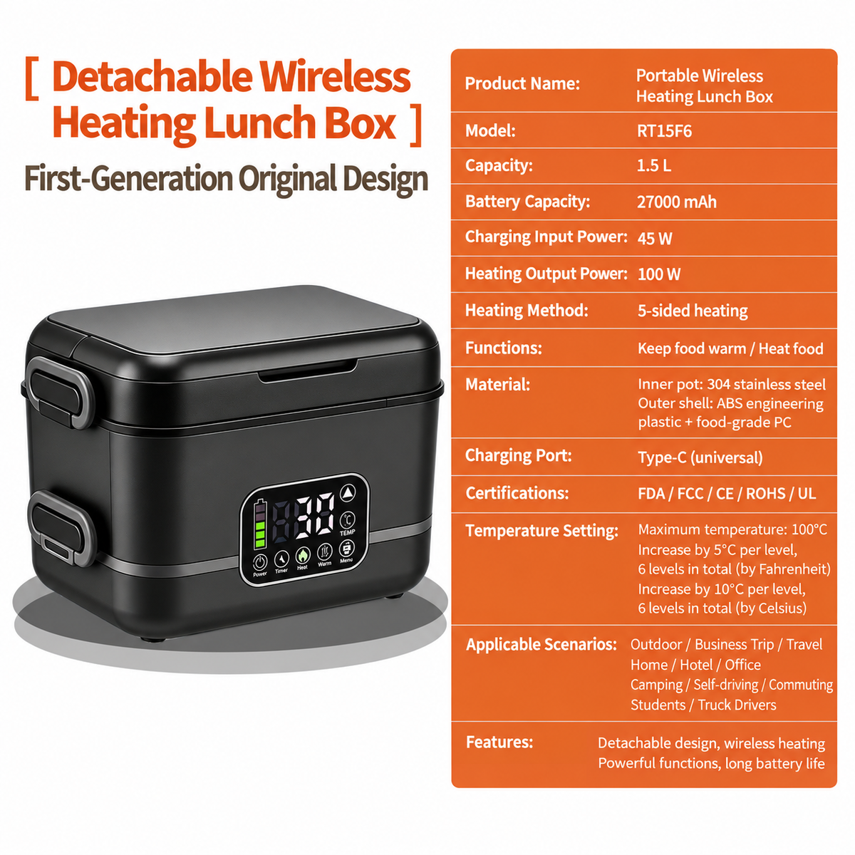 Cordless Heated Lunch Box with Rechargeable Battery