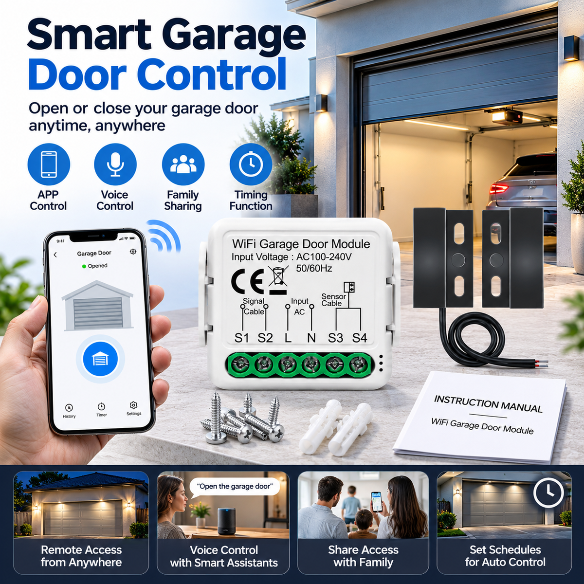 Smart WiFi Garage Door Opener with App Control