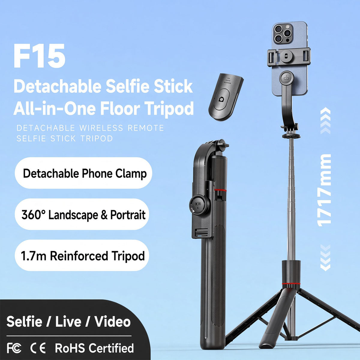 AI Face Tracking Selfie Stick Tripod with Bluetooth Remote