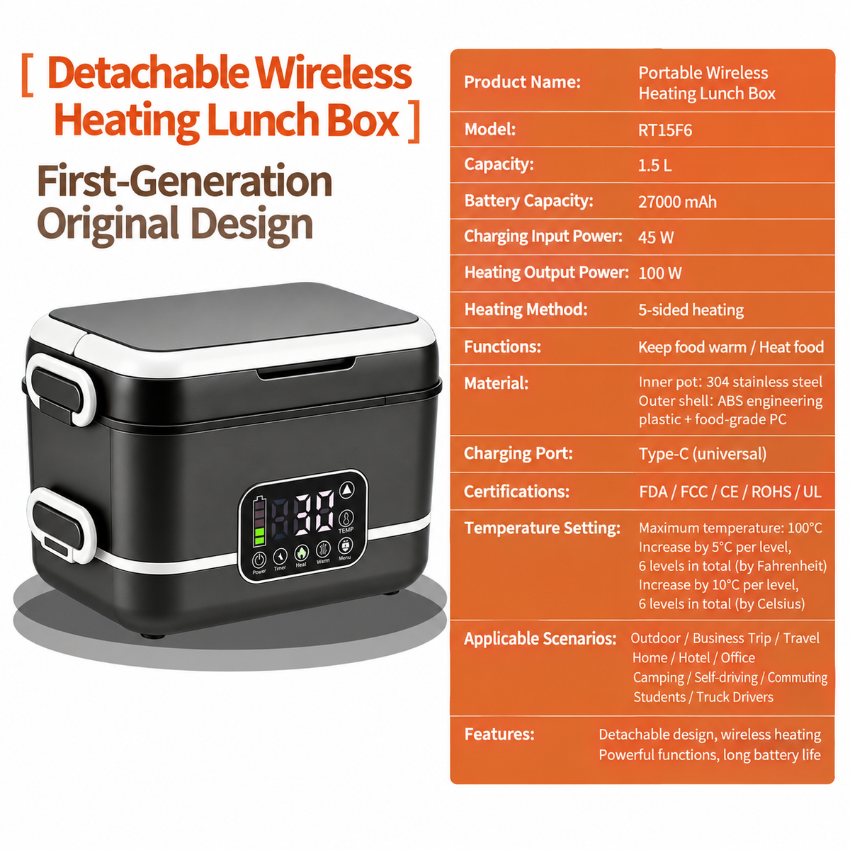 Cordless Heated Lunch Box with Rechargeable Battery