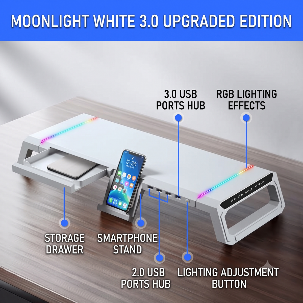 RGB Monitor Stand with USB Charging & Storage